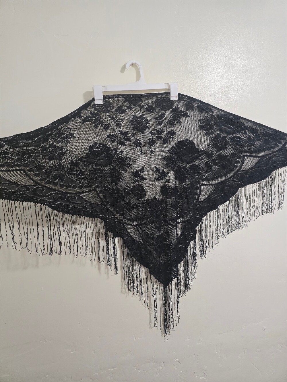 Black Lace Triangle Shawl Scarf Fringe Stevie Nicks Whimsigoth Boho